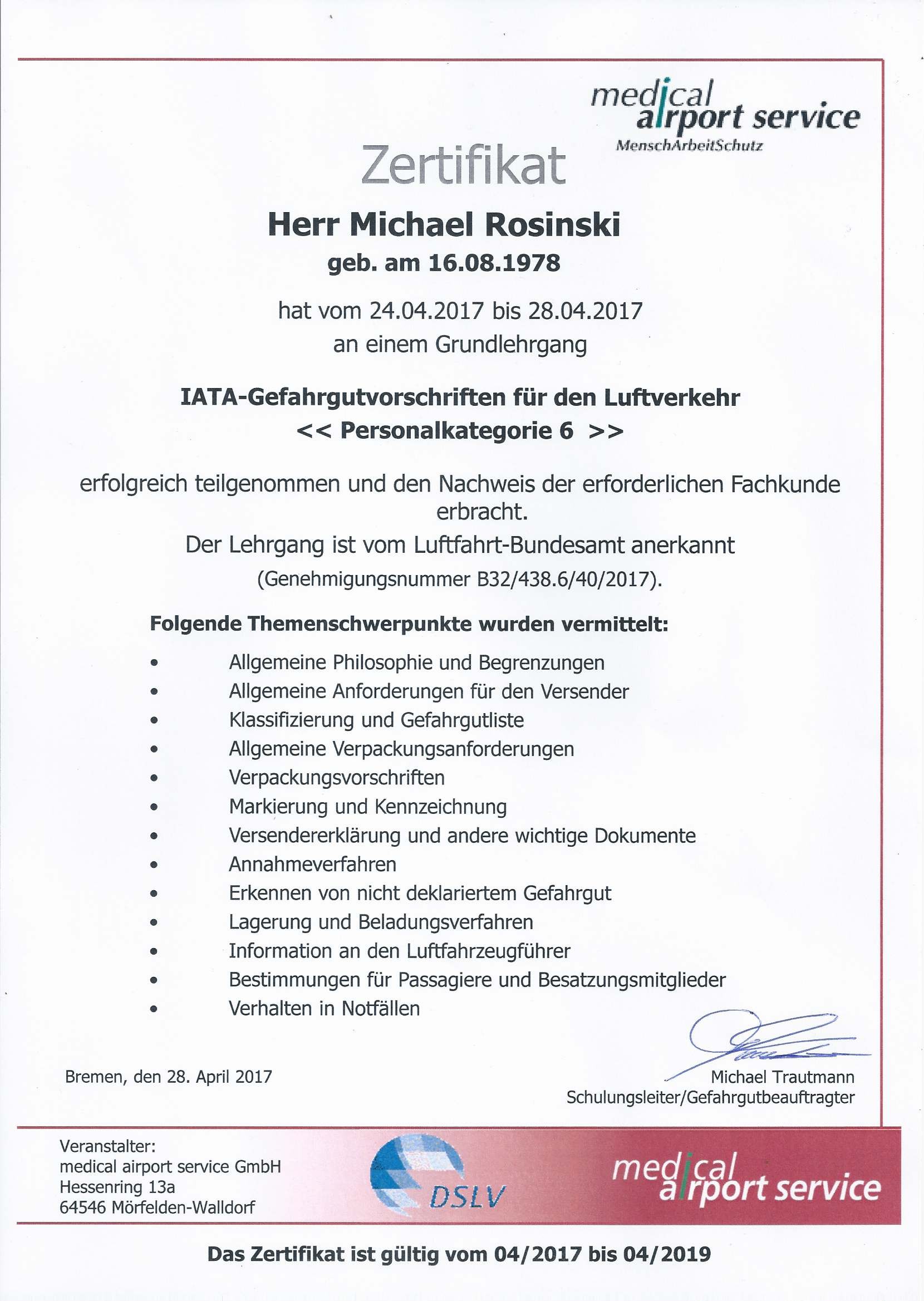 Zertifikat IATA Gefahrgutvorschriften für den Luftverkehr - Personalkategorie 6